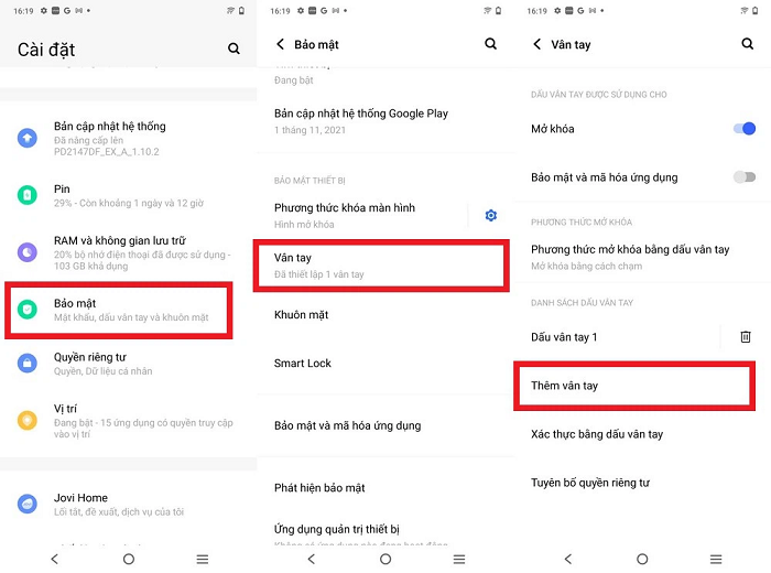 Cài đặt vân tay