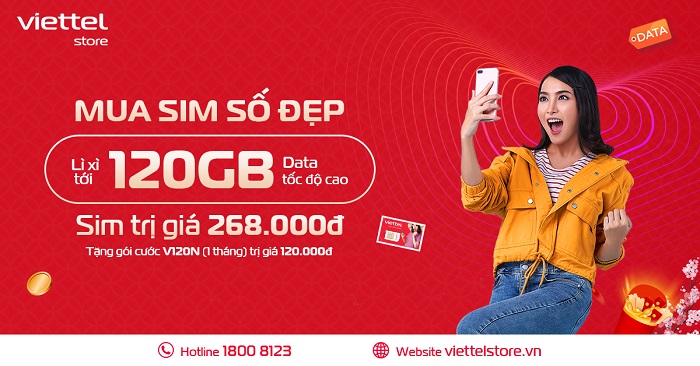 Mua SIM số đẹp trị giá 268.000đ lì xì ngay gói cước V120N lên tới 120GB Data trị giá 120.000đ