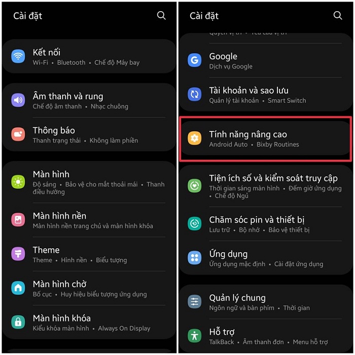 Chọn Tính năng nâng cao trong mục Cài đặt