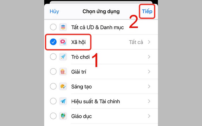 Chọn một hoặc nhiều ứng dụng muốn đặt mật khẩu và nhấn Tiếp