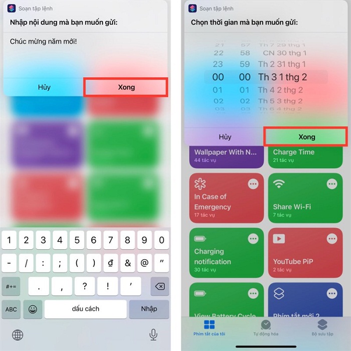 Thiết lập thời gian muốn gửi tin nhắn và bấm nút Xong