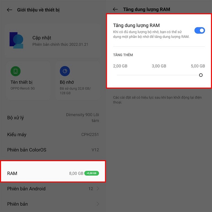 Bật tính năng tăng RAM và chỉnh lượng RAM phù hợp với dung lượng bộ nhớ trong còn lại