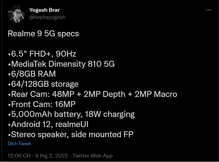 Thông số kỹ thuật Realme 9 5G rò rỉ bởi leaker