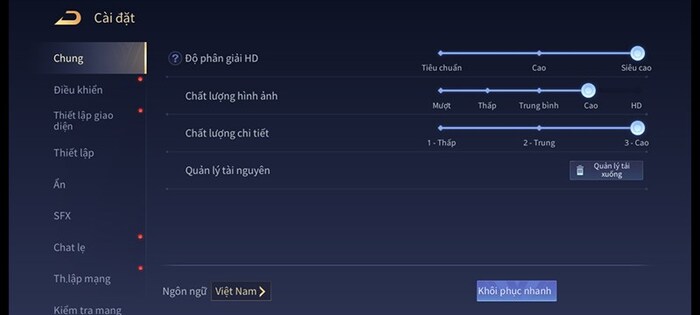 Thiết lập đồ họa trong Liên Quân Mobile mà mình dùng để test pin Redmi Note 11