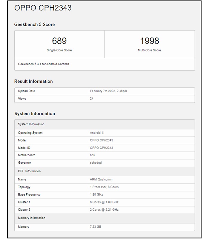 Điểm hiệu năng OPPO Reno7 Z 5G trên Geekbench