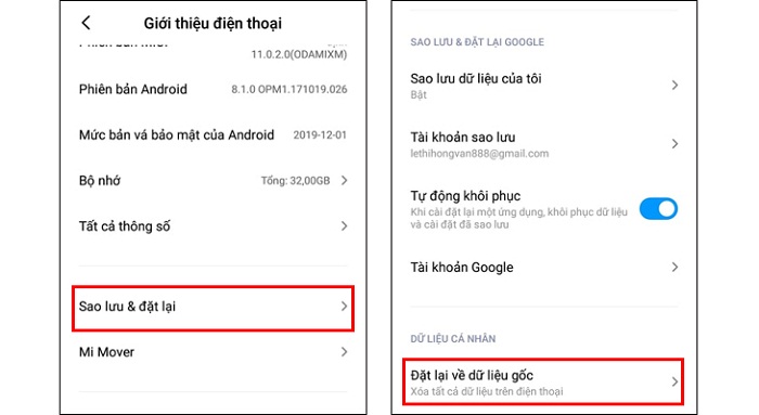 Bấm vào mục Đặt lại về dữ liệu gốc trong mục Sao lưu & đặt lại