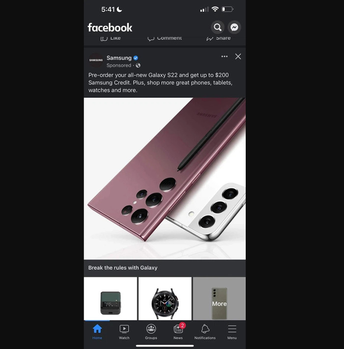 Quảng cáo chính thức Galaxy S22 Ultra đã xuất hiện ở Facebook chính thức của Samsung