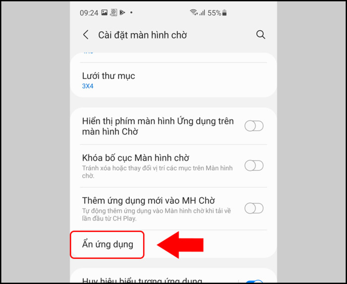 Trong Cài đặt Màn hình chờ > Chọn Ẩn ứng dụng