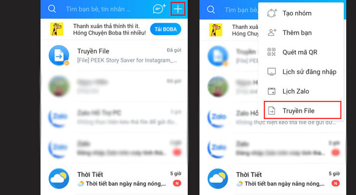 Chọn mục Truyền file