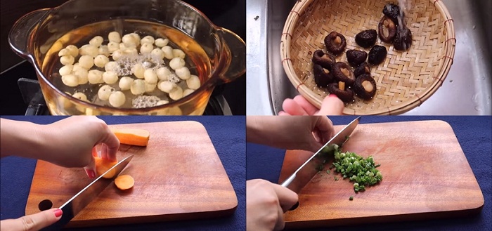 Sơ chế nấm hương, hạt sen, cà rốt, hành lá