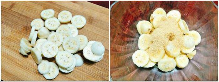 Chuối cắt thành lát khoanh và ướp với đường, rượu