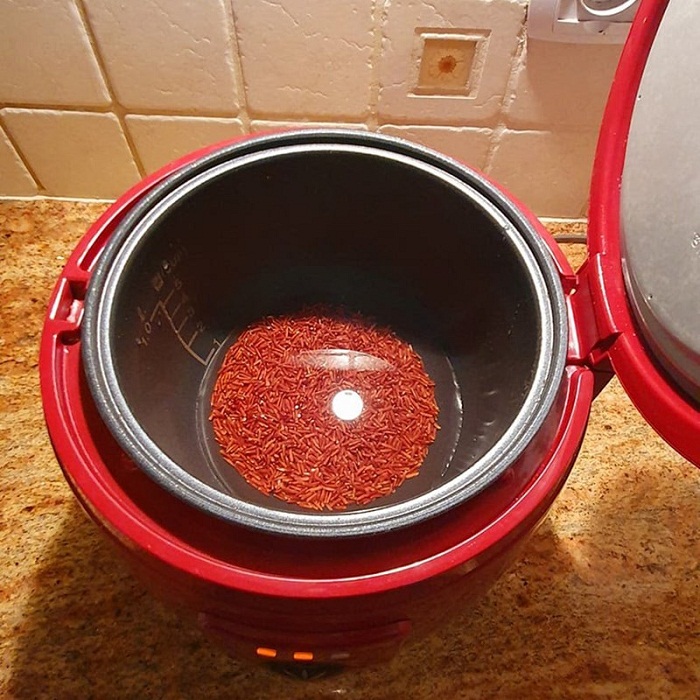 Cho gạo vào nồi cơm điện và thêm nước 