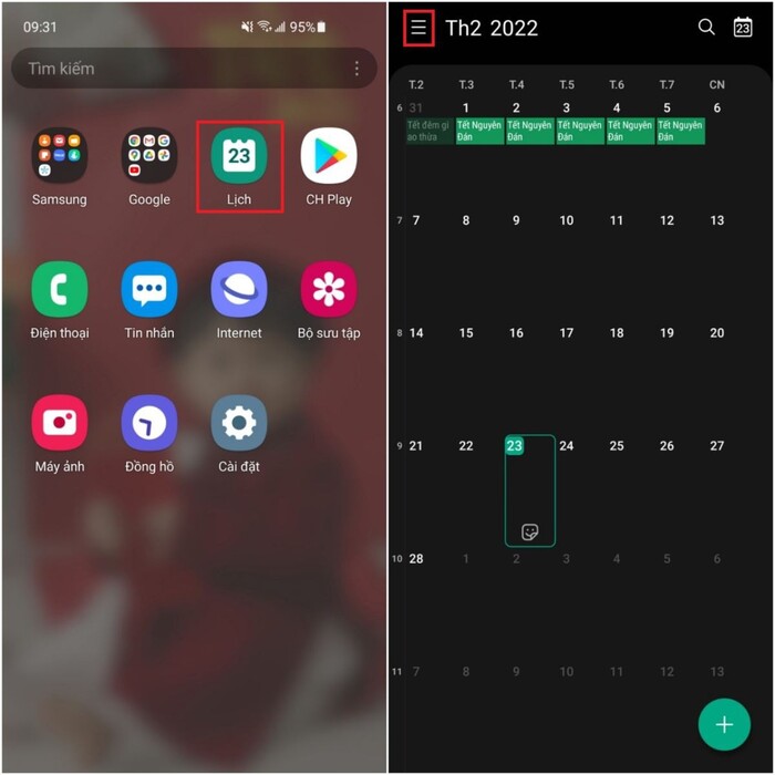 Chọn biểu tượng ba dấu gạch ngang bên góc trái màn hình sau khi truy cập vào lịch
