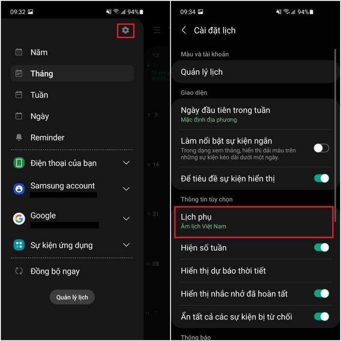Chọn mục lịch phụ để tiếp tục bước tiếp theo
