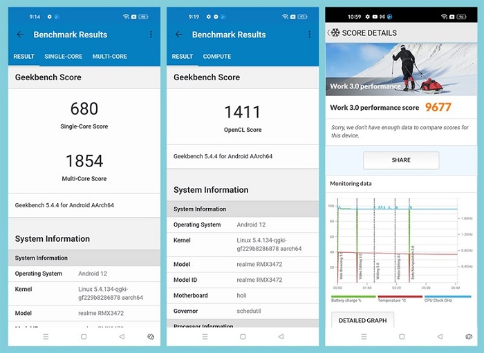 Kết quả bài với GeekBench 5 (Ảnh bên trái và ở giữa), PCMark ảnh ngoài cùng bên phải