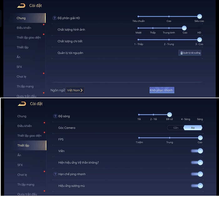 Cài đặt đồ họa trong game Liên Quân