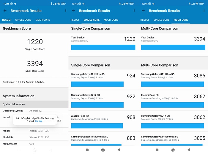 Kết quả chấm điểm hiệu năng Xiaomi 12 lần một qua phần mềm Geekbench 5