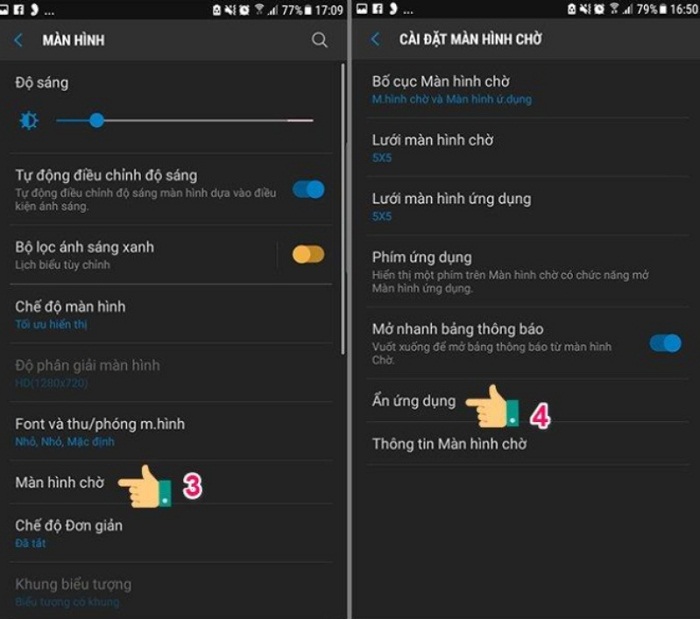 Chọn Màn hình chờ, sau đó bấm vào Ẩn ứng dụng