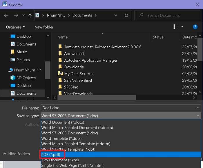 Đặt tên file, chọn PDF ở mục Save as type và nhấn nút Save