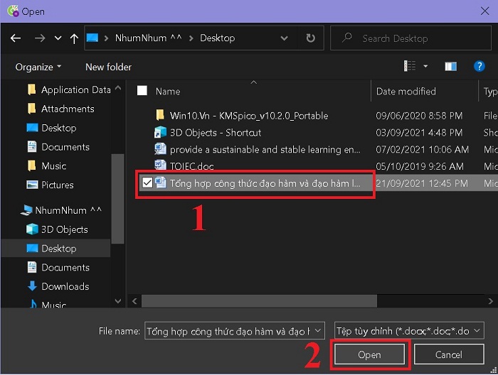 Chọn file Word cần chuyển sang PDF và bấm nút Open