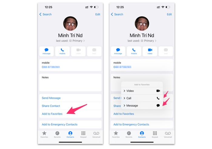 Thêm liên hệ vào mục Ưa thích