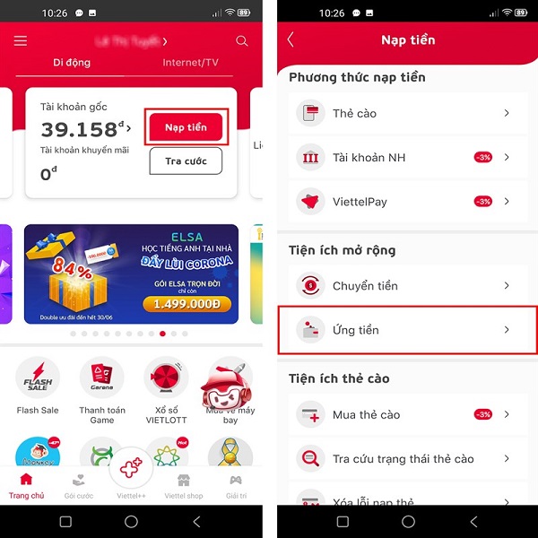 Cách ứng tiền qua app My Viettel