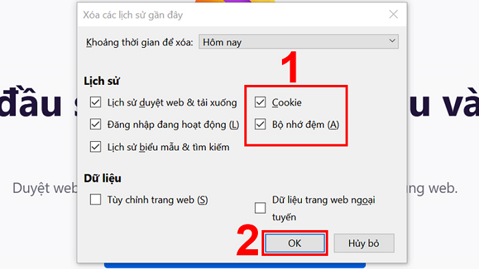 Tích chọn vào các mục như trên hình và nhấn nút OK