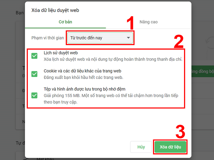 Tích chọn các mục như trên hình và nhấn nút Xóa dữ liệu