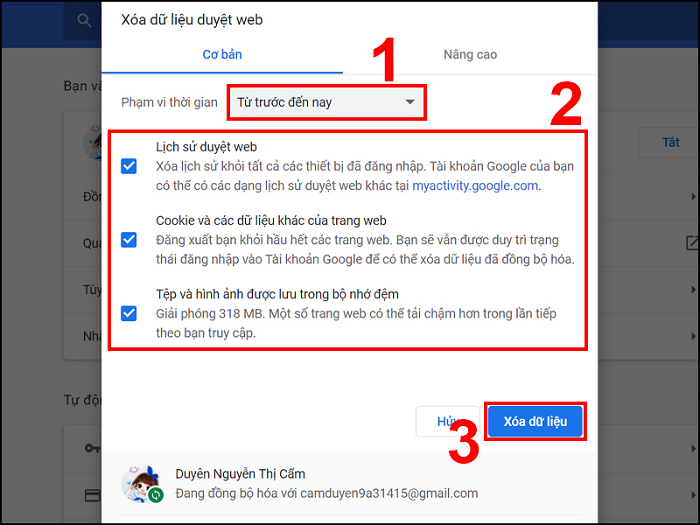 Tích vào các mục như trên hình và nhấn nút Xóa dữ liệu