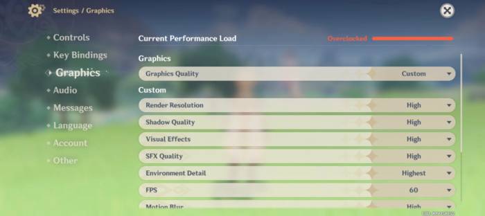 Thông số thiết lập của trò chơi Genshin Impact được sử dụng trong bài test