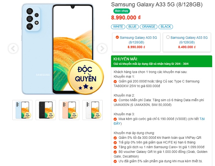 Ưu đãi khủng khi mua Galaxy A33 5G 8GB/128GB độc quyền tại Viettel Store
