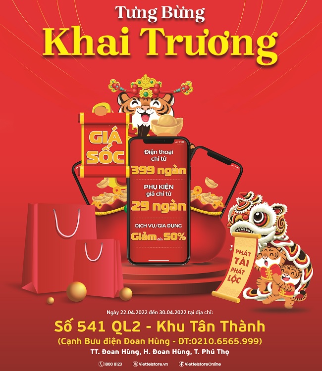 Khai trương Viettel Store tại Phú Thọ – Điện thoại chỉ từ 399 ngàn, Phụ kiện giá từ 29 ngàn, Dịch vụ và Gia dụng giảm đến 50%
