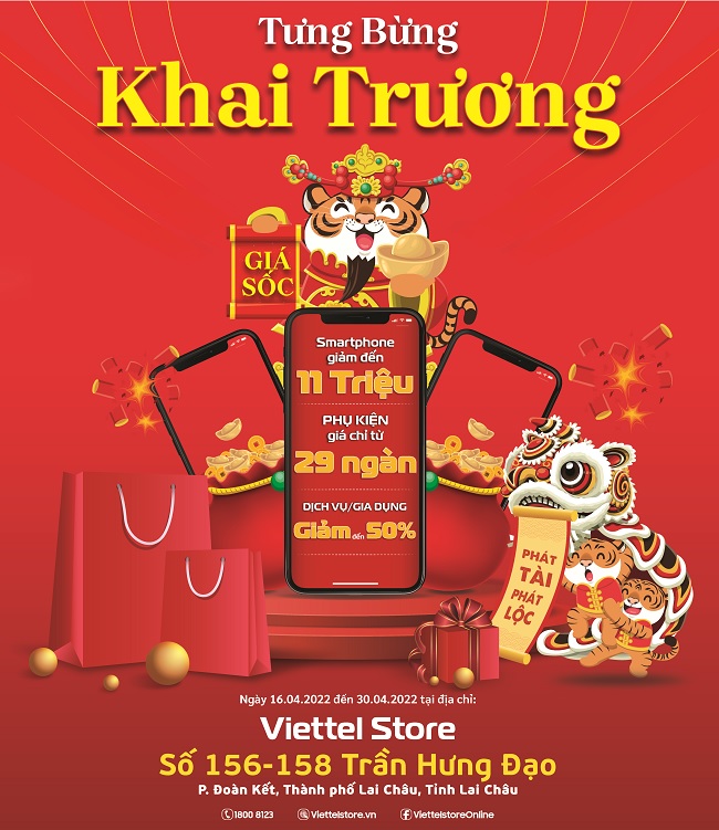 Khai trương siêu thị Viettel Store mới tại Lai Châu: Smartphone giảm đến 11 triệu, phụ kiện giá chỉ từ 29 ngàn, dịch vụ và gia dụng giảm đến 50%