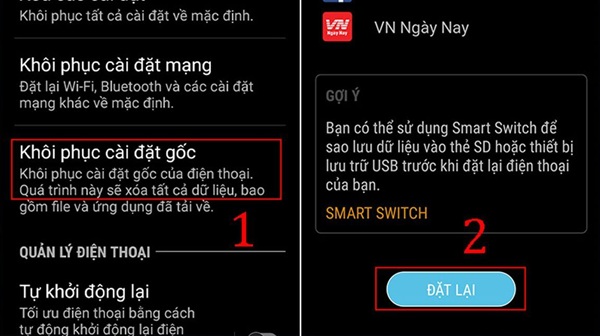 Nhấn xác nhận Đặt lại