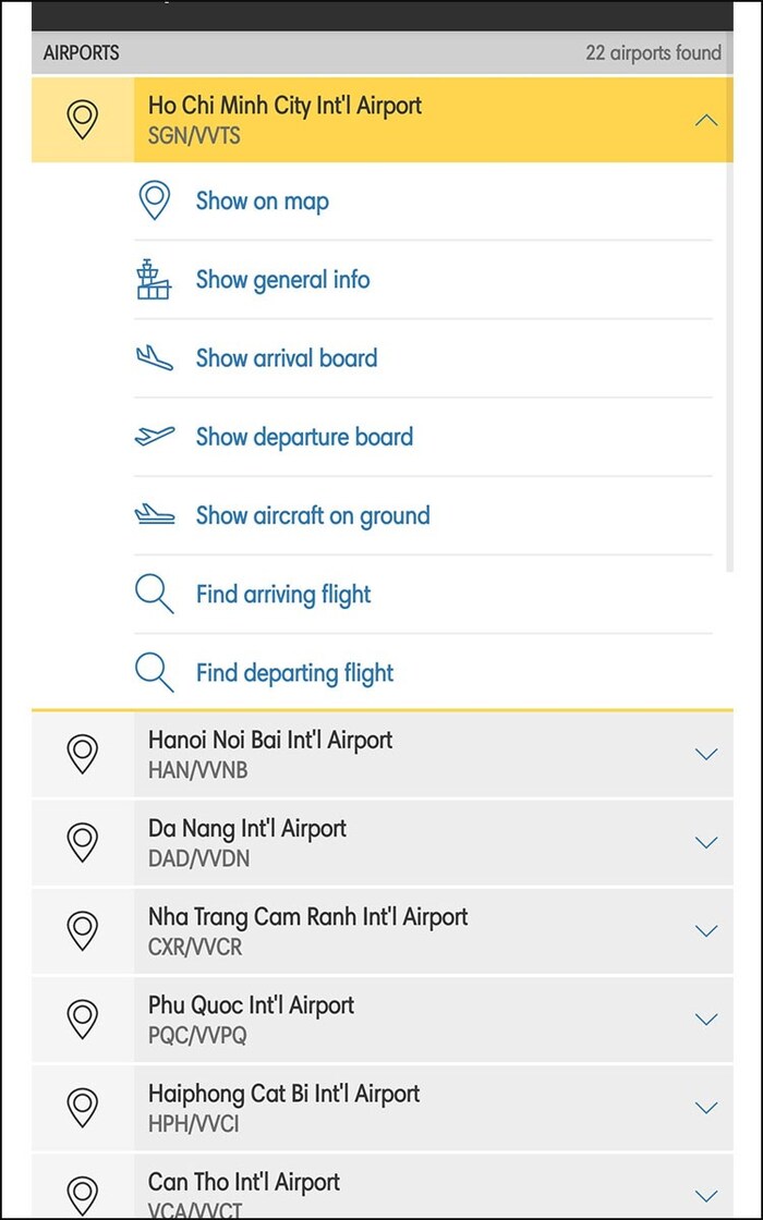 Danh sách hiển thị tất cả sân bay