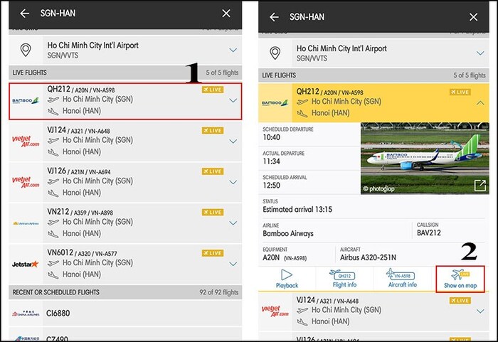 Chọn Show on map để theo dõi hành trình bay