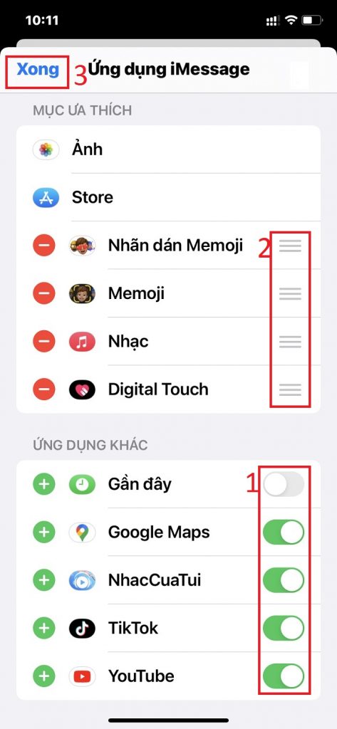Nhấn giữ biểu tượng ba gạch để di chuyển vị trí các ứng dụng, rồi bấm nút Xong