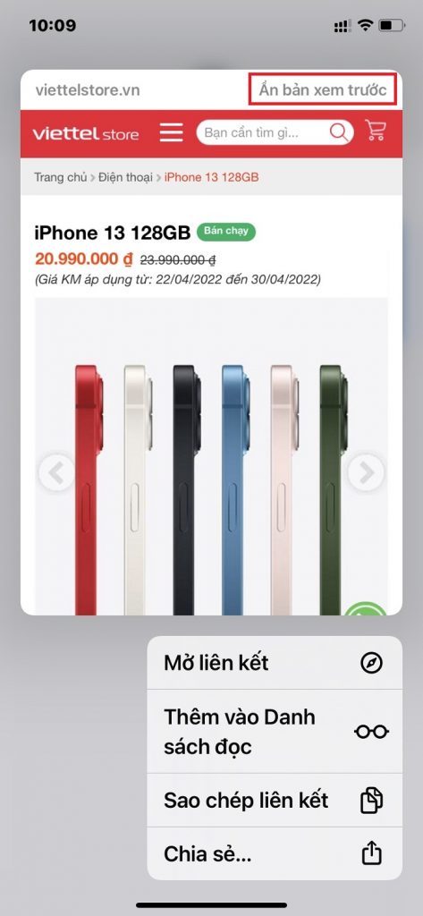 Nhấn và giữ nội dung mà bạn cần xem link rồi bấm chọn mục Ẩn bản xem trước