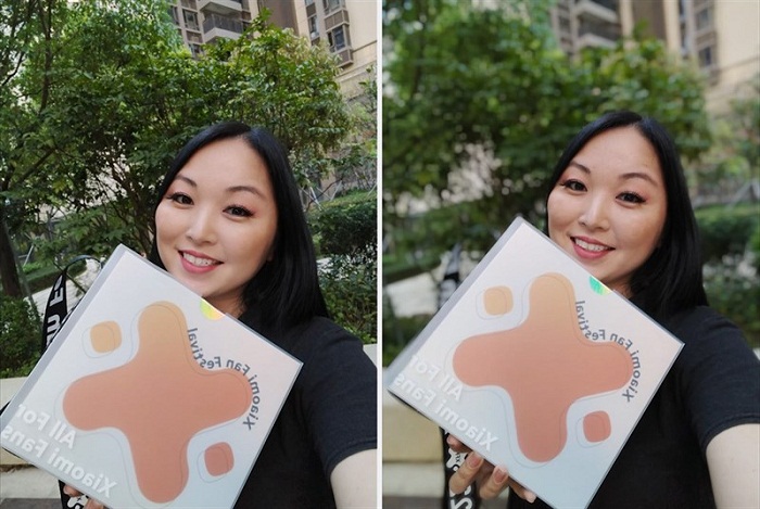 Hình ảnh chụp từ camera selfie với chế độ thường (bên trái) và chế độ chân dung (bên phải)