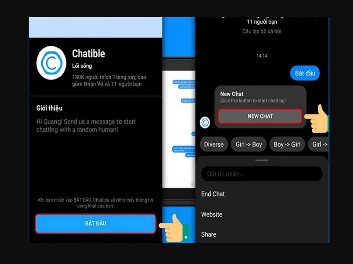 Bấm [Bắt đầu] vào Chatible để tìm đối tác trò chuyện cho bạn