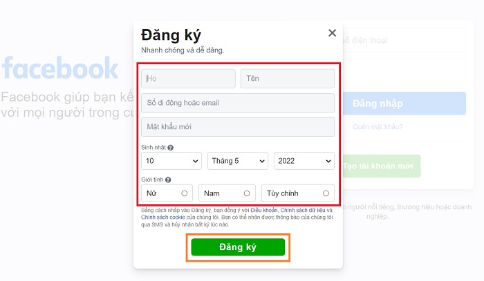 Điền thông tin đăng ký tài khoản Facebook