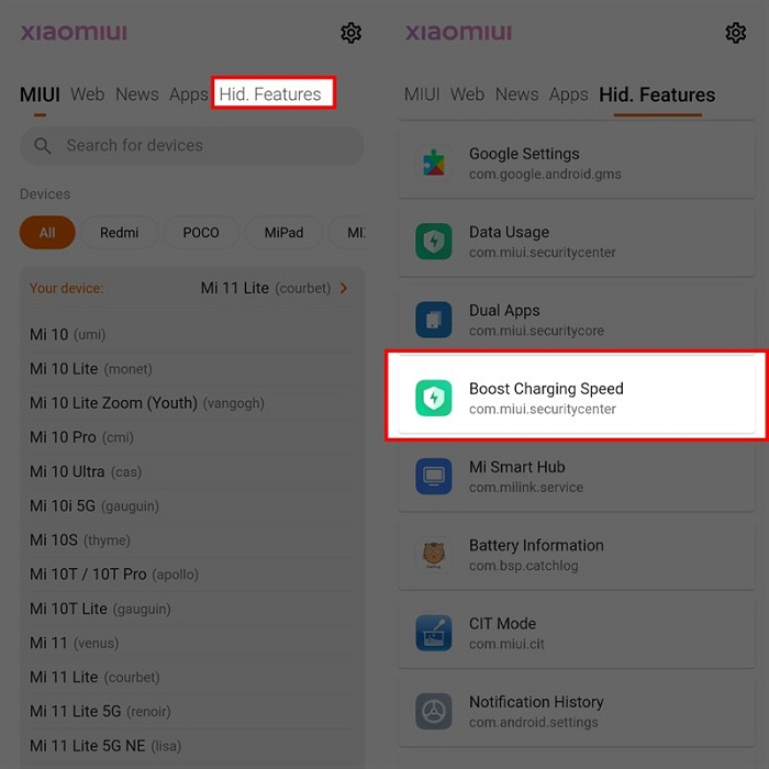 Tìm kiếm và bấm chọn vào mục Boost Charging Speed