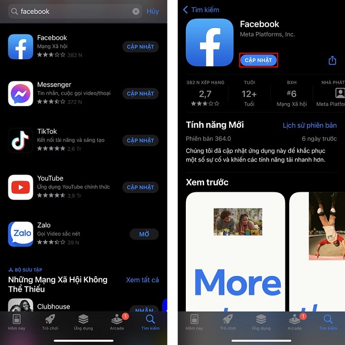 Cập nhật ứng dụng Facebook trên điện thoại lên phiên bản mới nhất.