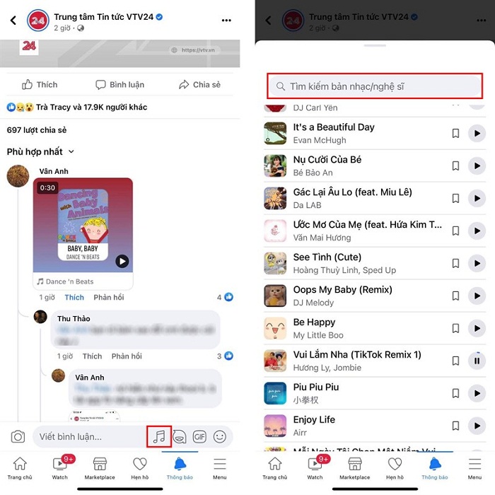 Bấm vào biểu tượng Âm nhạc trong bài viết và  chọn Tìm kiếm bản nhạc/nghệ sĩ