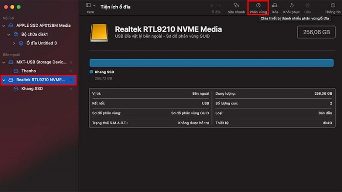 Chọn vào mục phân vùng