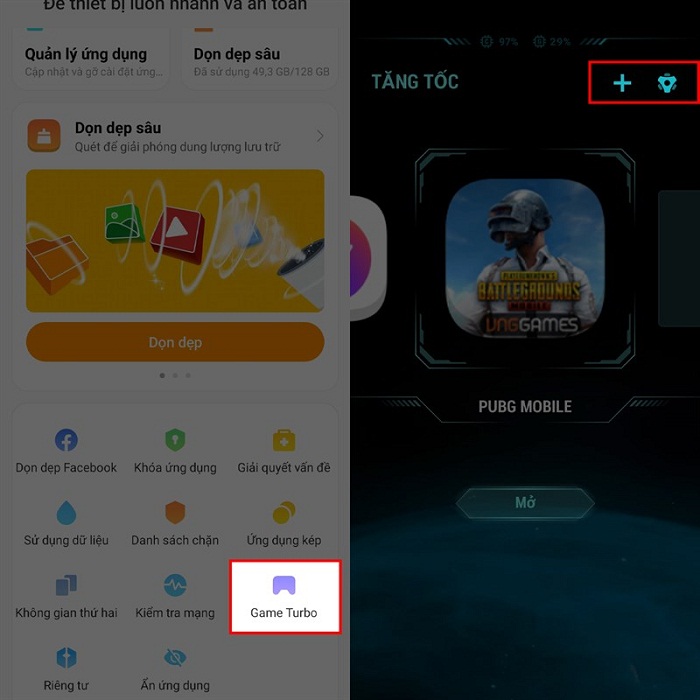 Chọn Game Turbo, bấm dấu + để thêm game yêu thích vào Game Turbo