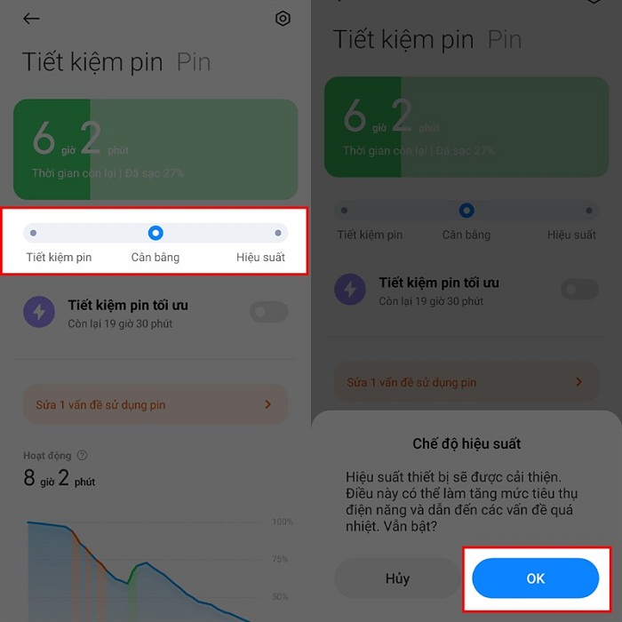 Chọn chế độ Hiệu suất trong mục Pin