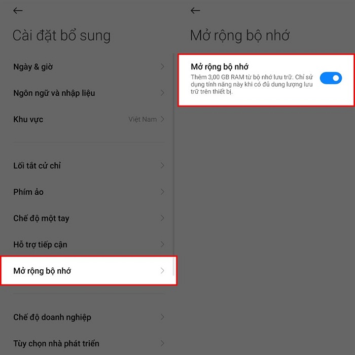 Chọn Tính năng bổ sung và bật Mở rộng bộ nhớ lên