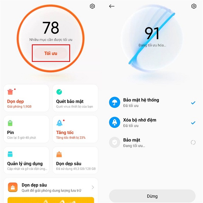 Mở ứng dụng Bảo mật và bấm chọn mục Tối ưu để máy dọn rác 