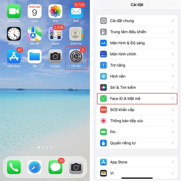 Chọn mục Face ID & Mật mã ở Cài đặt